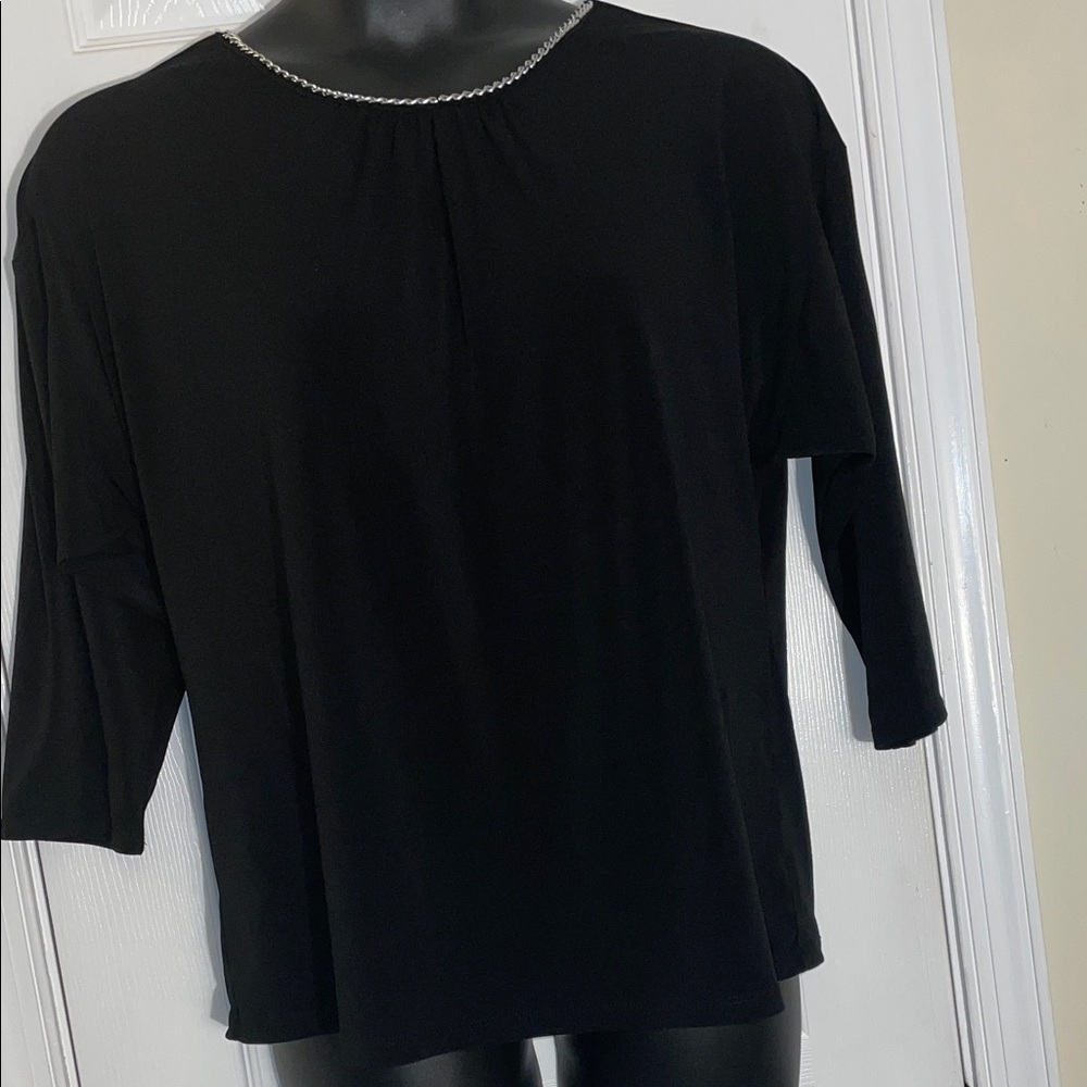 Black Women's 3/4 Sleeve Top with Chrome Chain neckline L